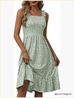 Summer Midi Dress with Elastic Straps Square Neck A-Line Floral Sundress